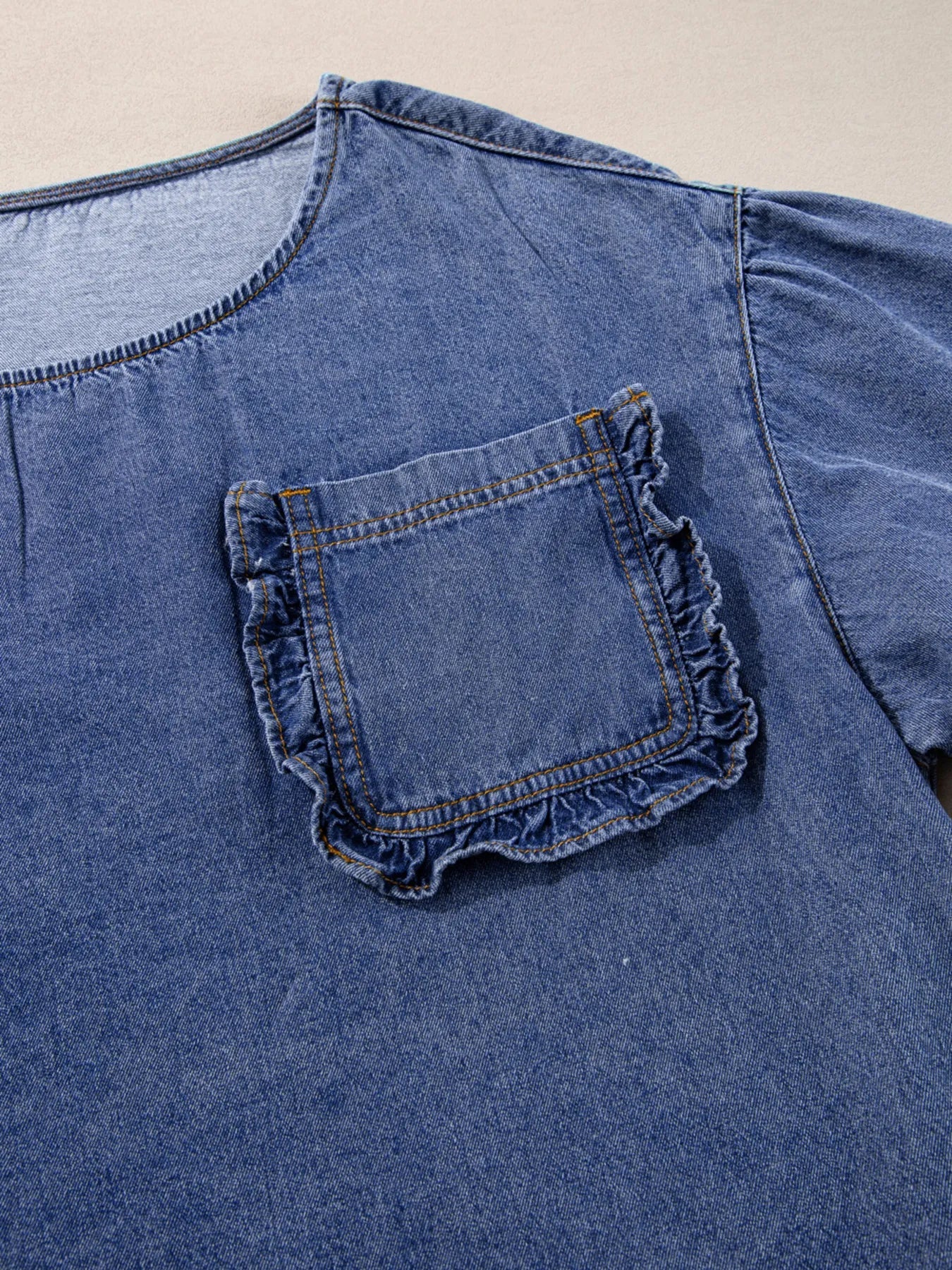 3/4 Sleeve Ruffled Patched Pocket Denim Blouse 