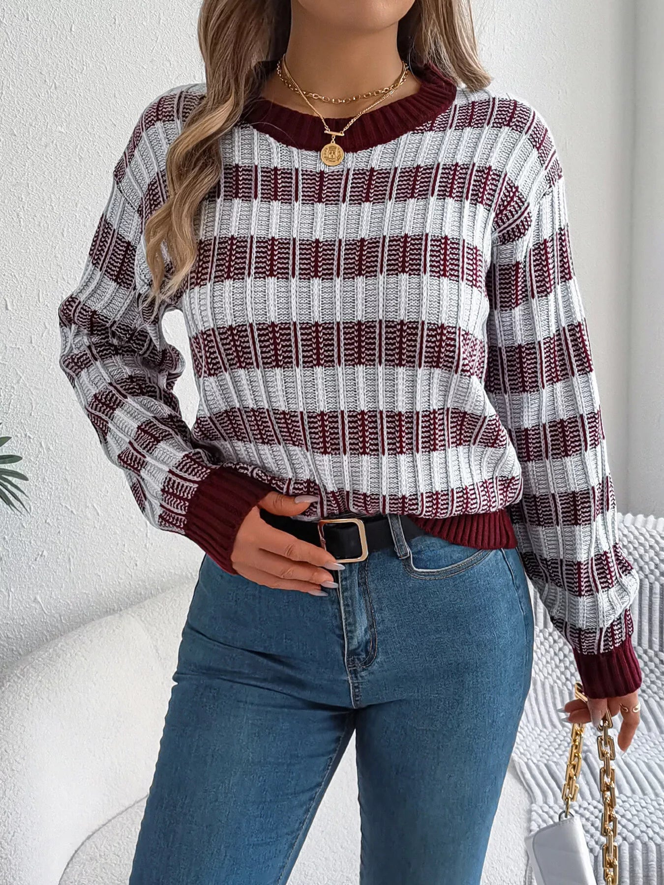 Striped Round Neck Long Sleeve Sweater 