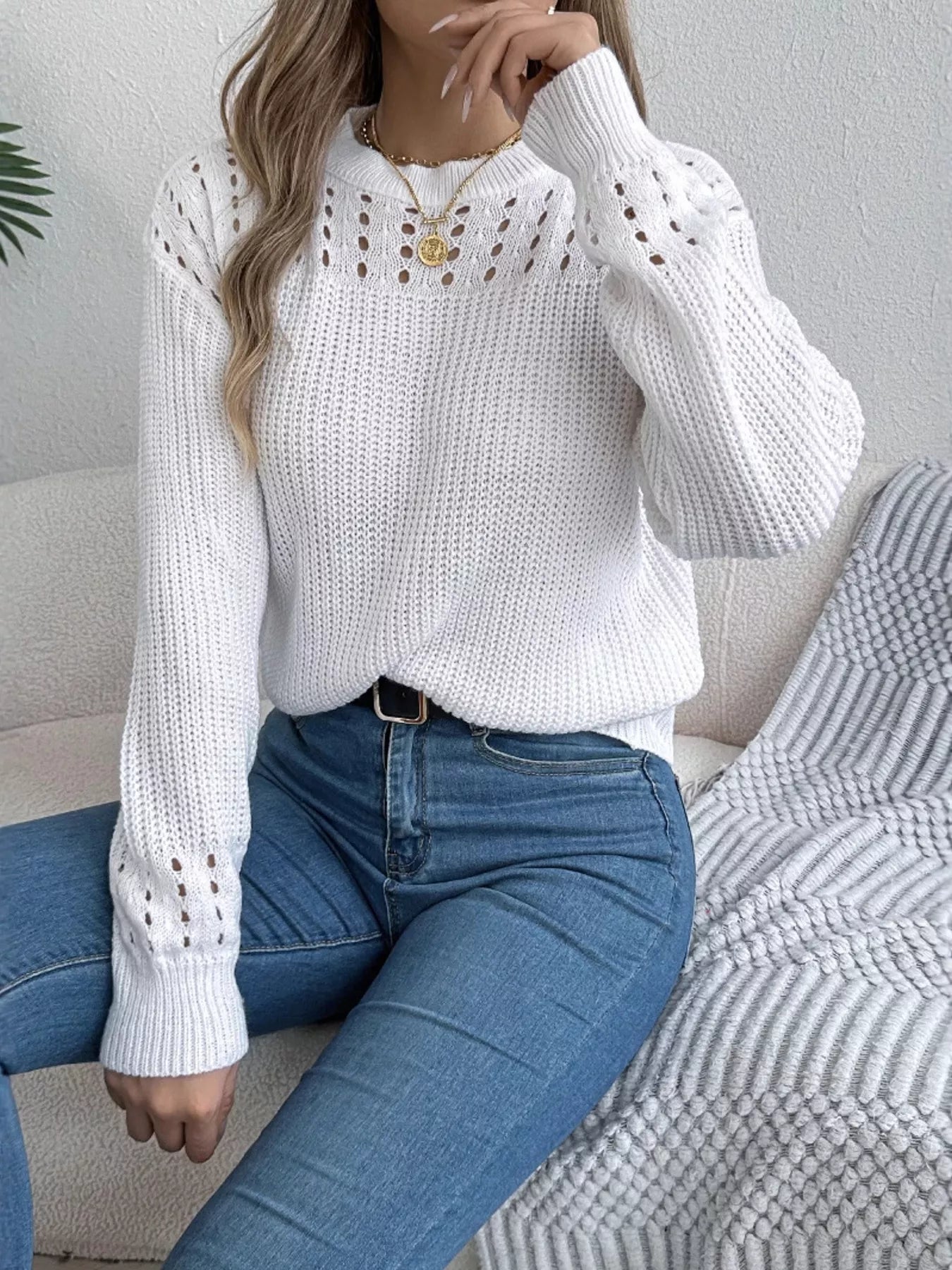 Openwork Round Neck Long Sleeve Sweater 