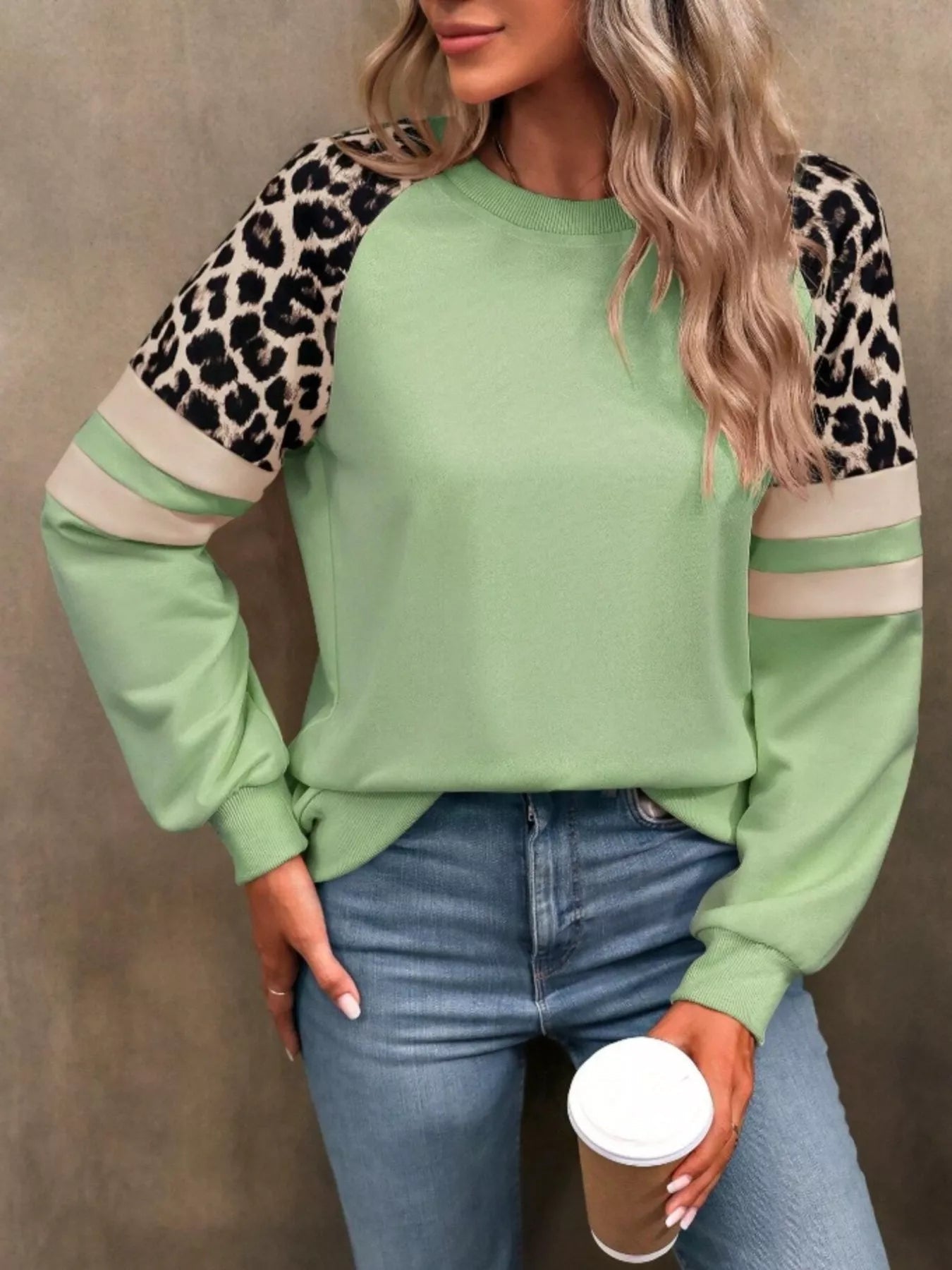 Leopard Round Neck Raglan Sleeve Sweatshirt 