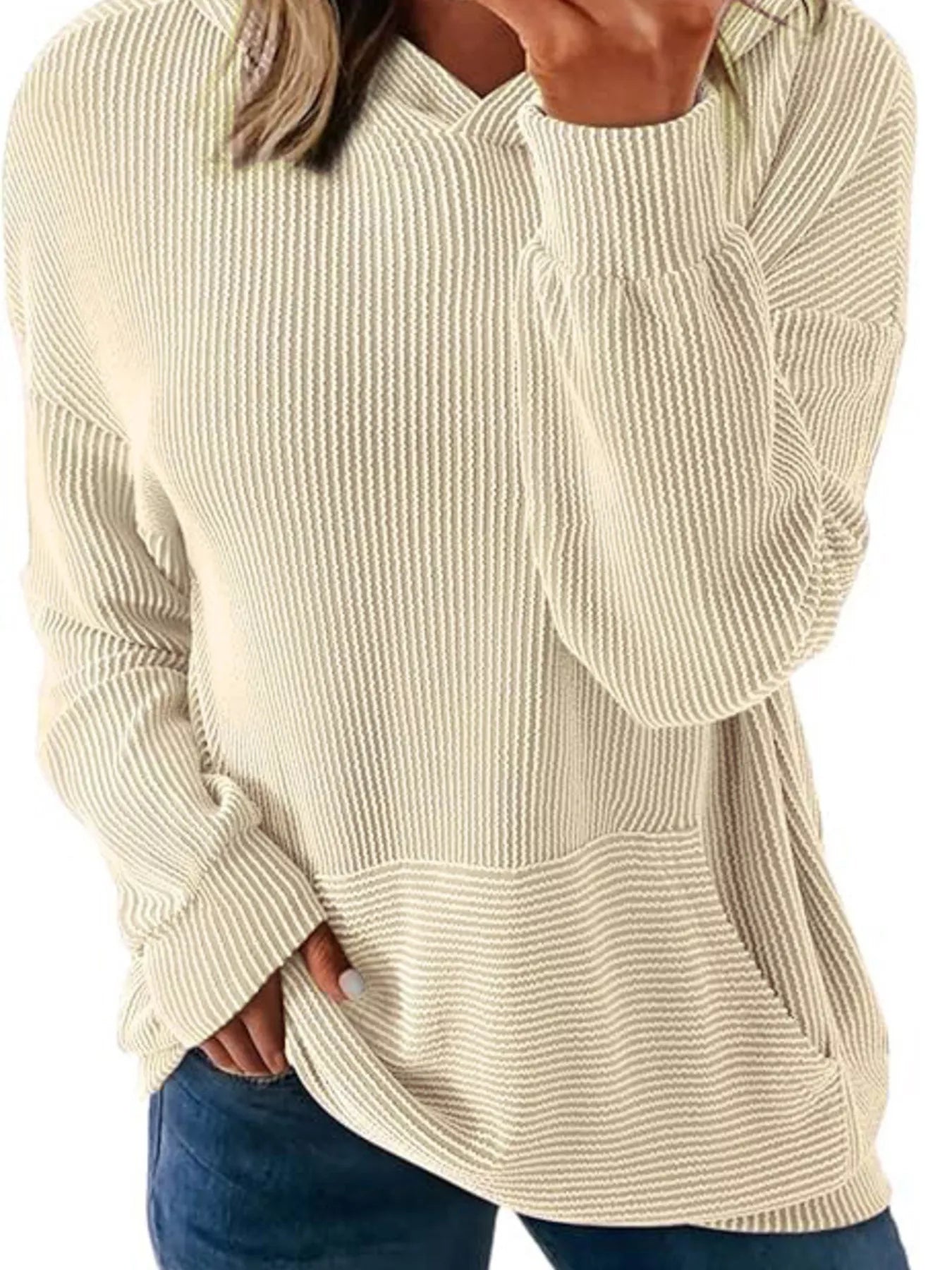 Ribbed Oversized Hoodie Sweatshirt with Pocket 