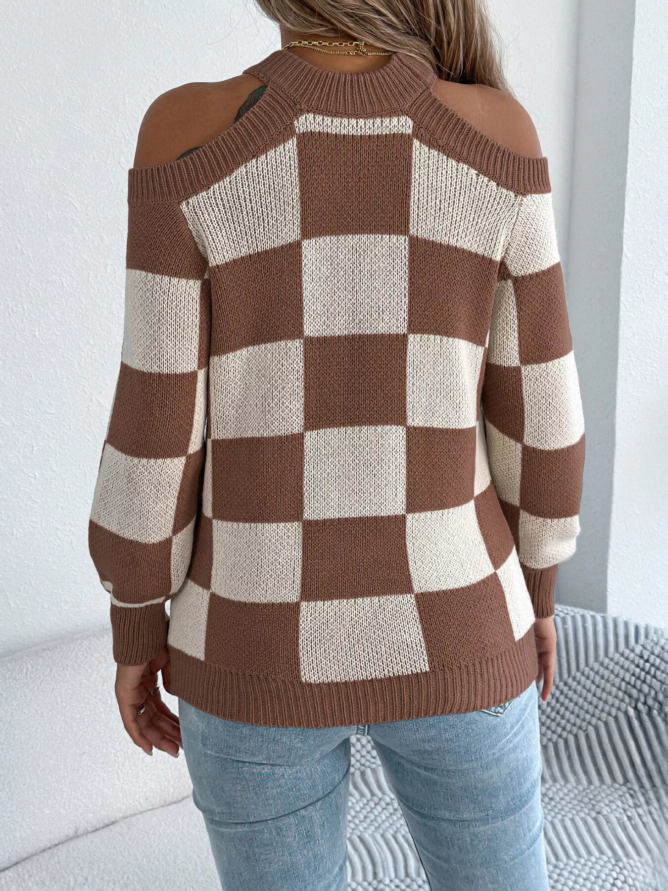 Cold Shoulder Checkered Long Sleeve Sweater 