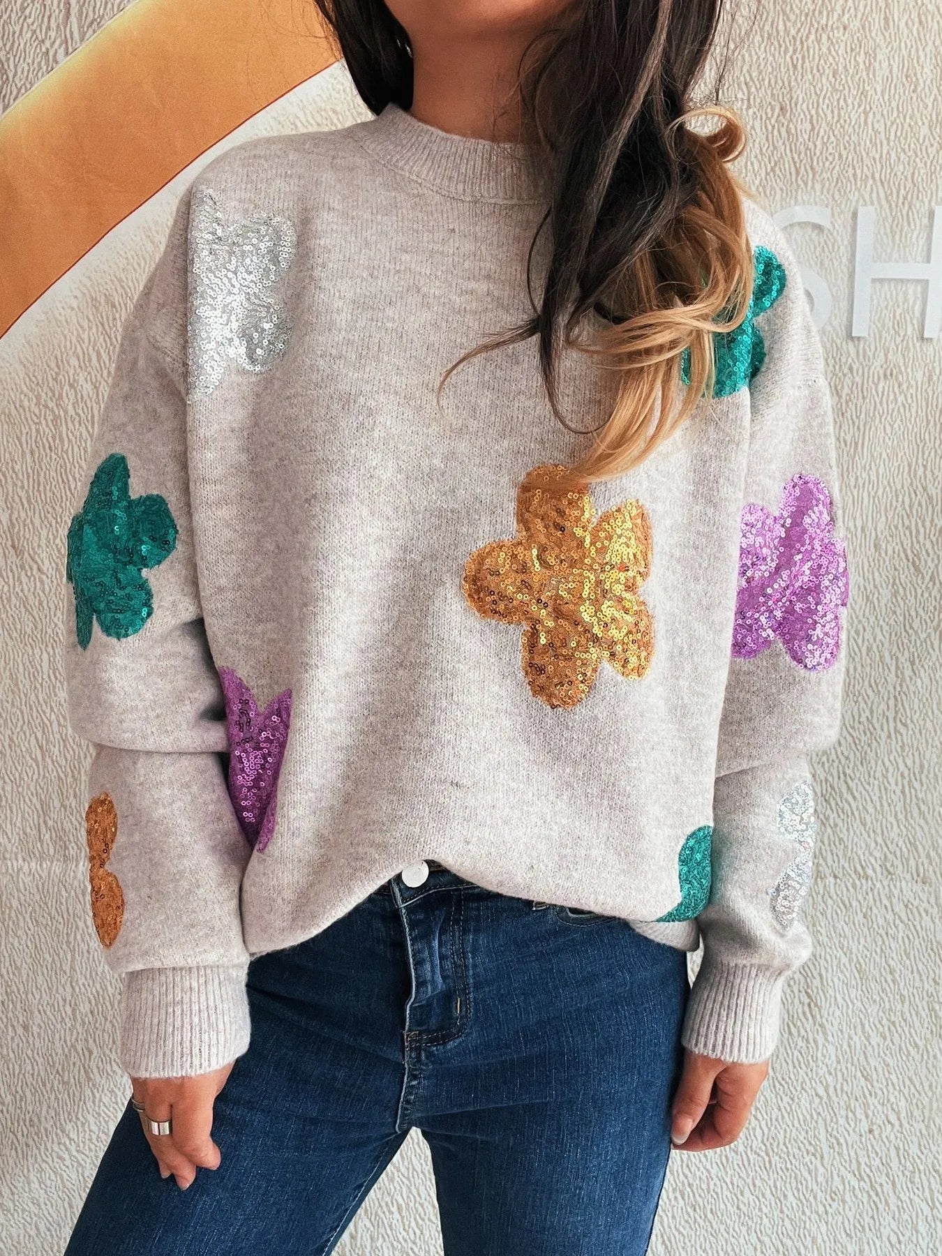 Sequin Flower Round Neck Long Sleeve Sweater 