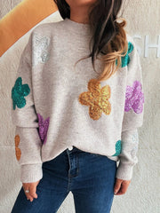 Sequin Flower Round Neck Long Sleeve Sweater 