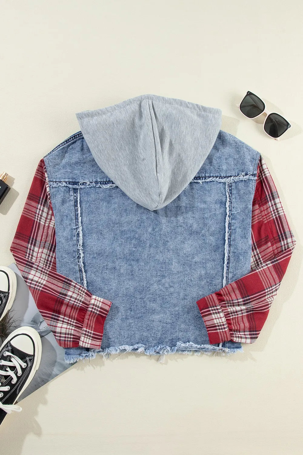 Raw Hem Drawstring Plaid Denim Jacket 