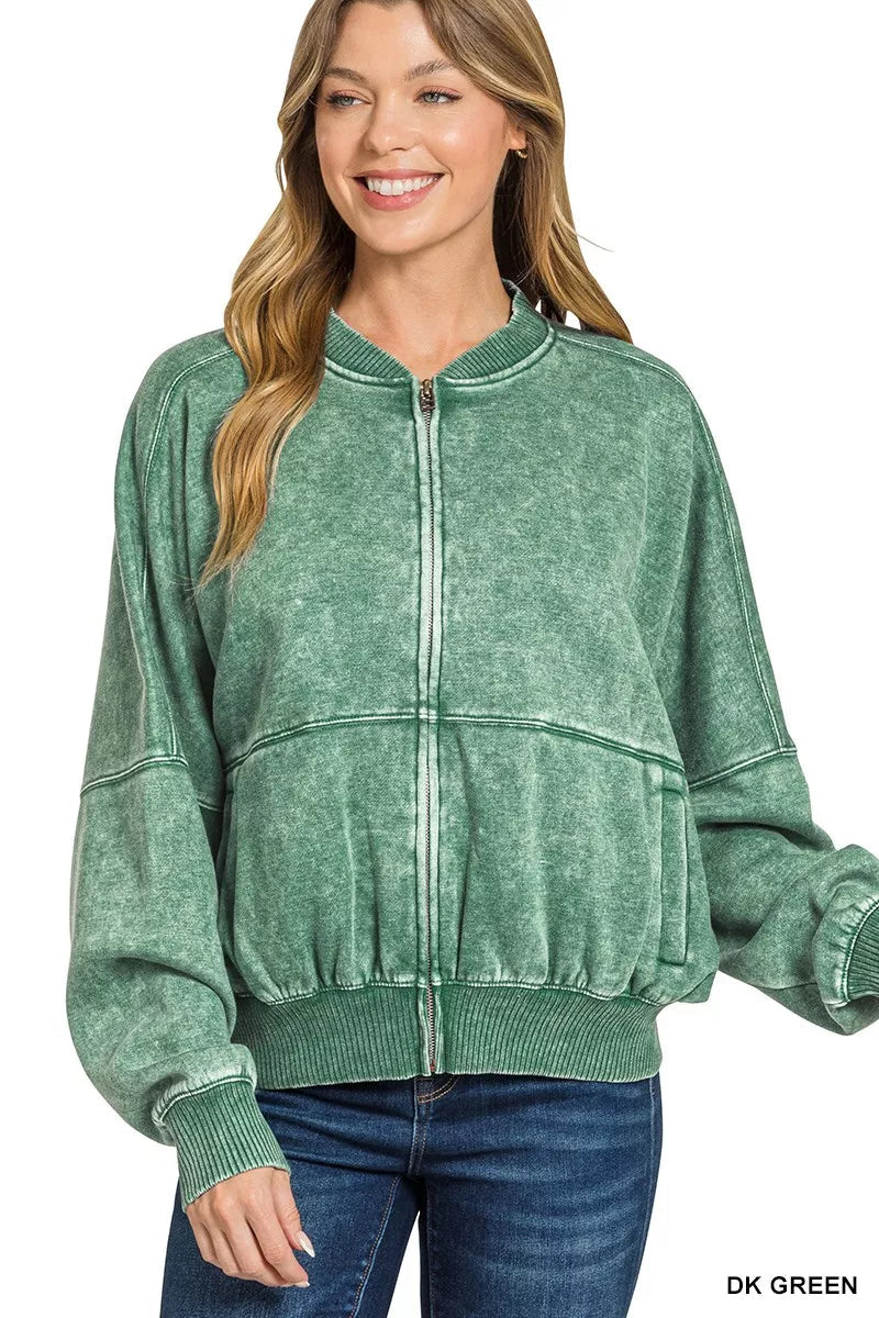 Zenana Acid Washed Fleece Jacket 