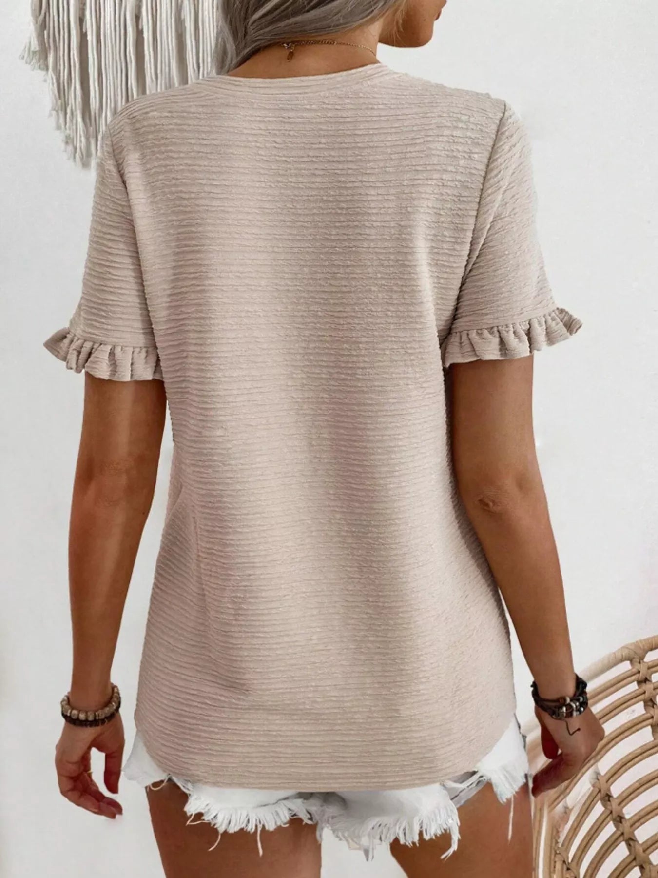 Textured Ruffle Sleeve Round Neck T-Shirt 