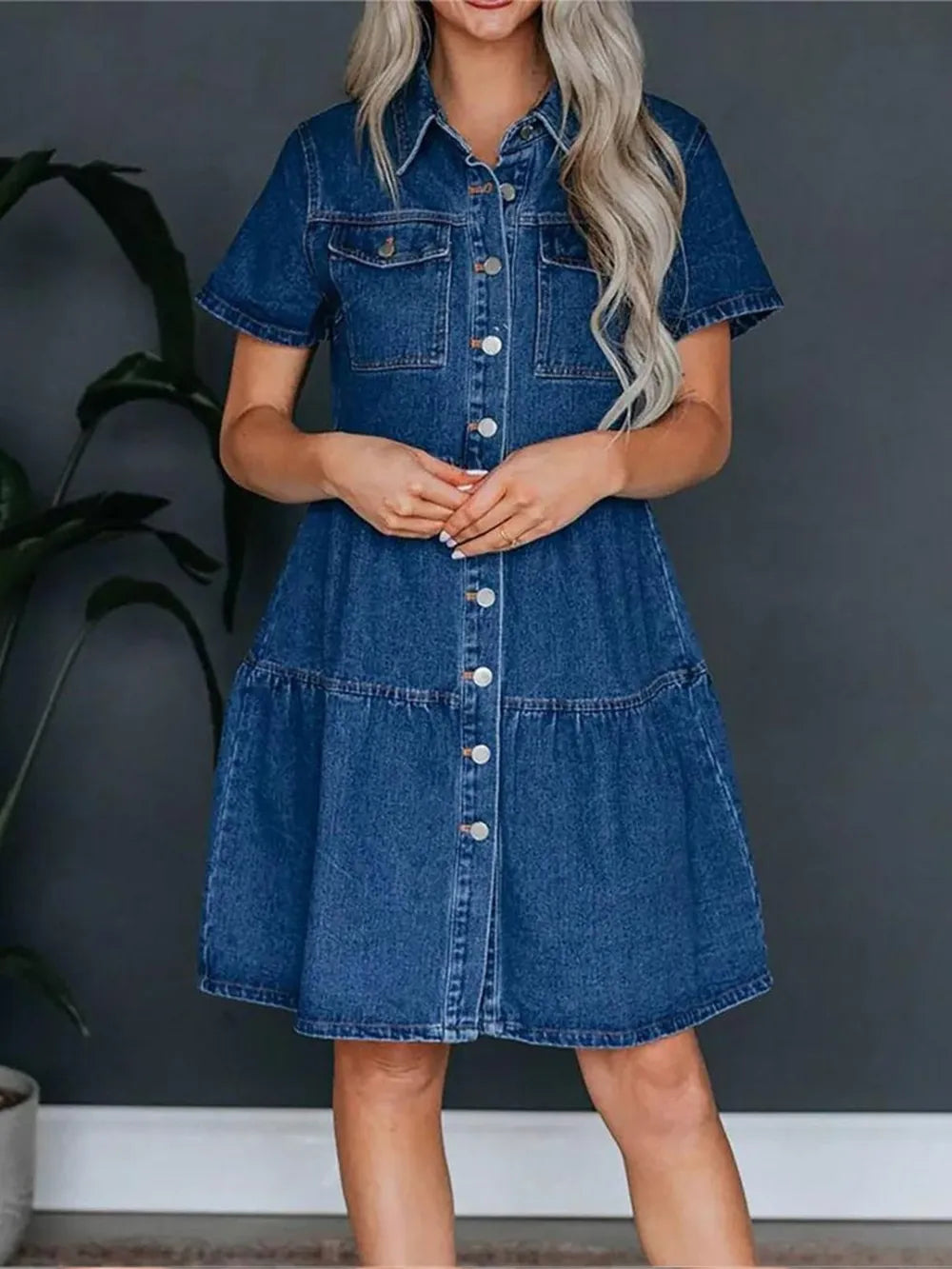 Pocketed Button Up Collared Neck Short Sleeve Denim Dress 