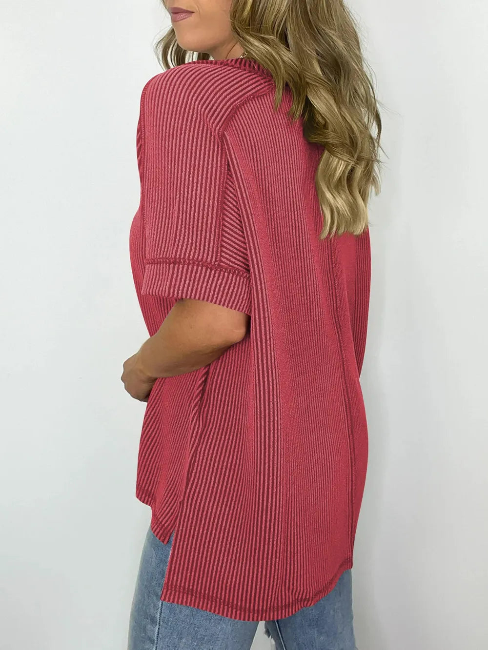 Cord Ribbed V-Neck Short Sleeve T-Shirt 