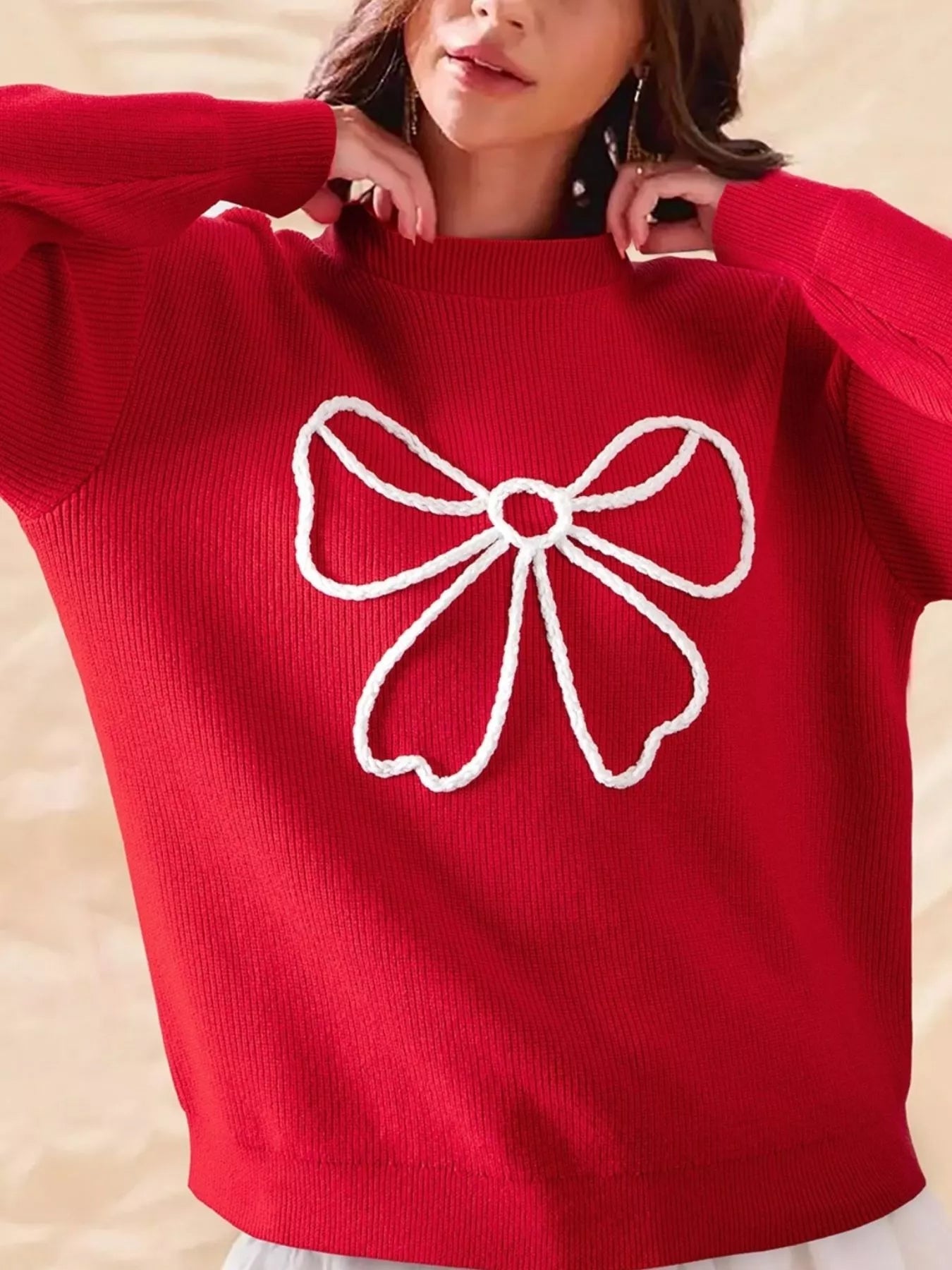 Bow-Embellished Ribbed Sweater 