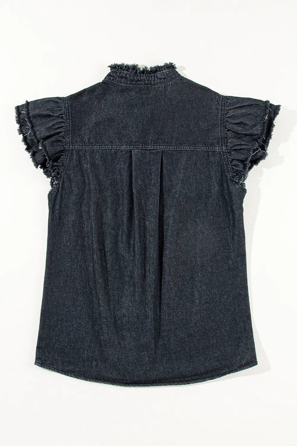 Button Down Raw Hem Ruffled Denim Shirt 