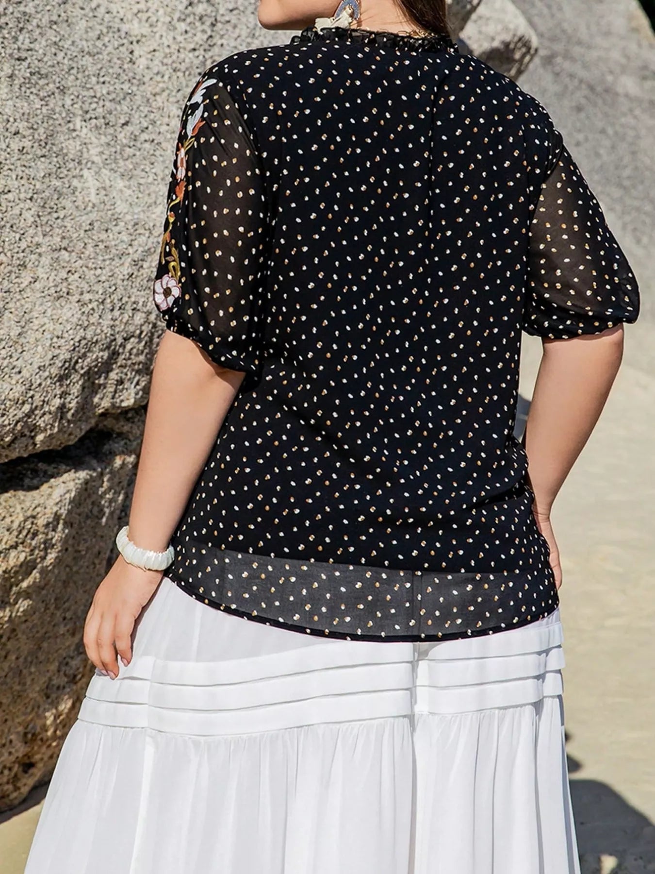 Plus Size Printed Tie Neck Half Sleeve Blouse 