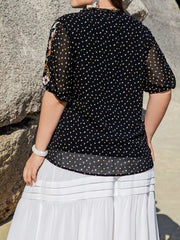 Plus Size Printed Tie Neck Half Sleeve Blouse 