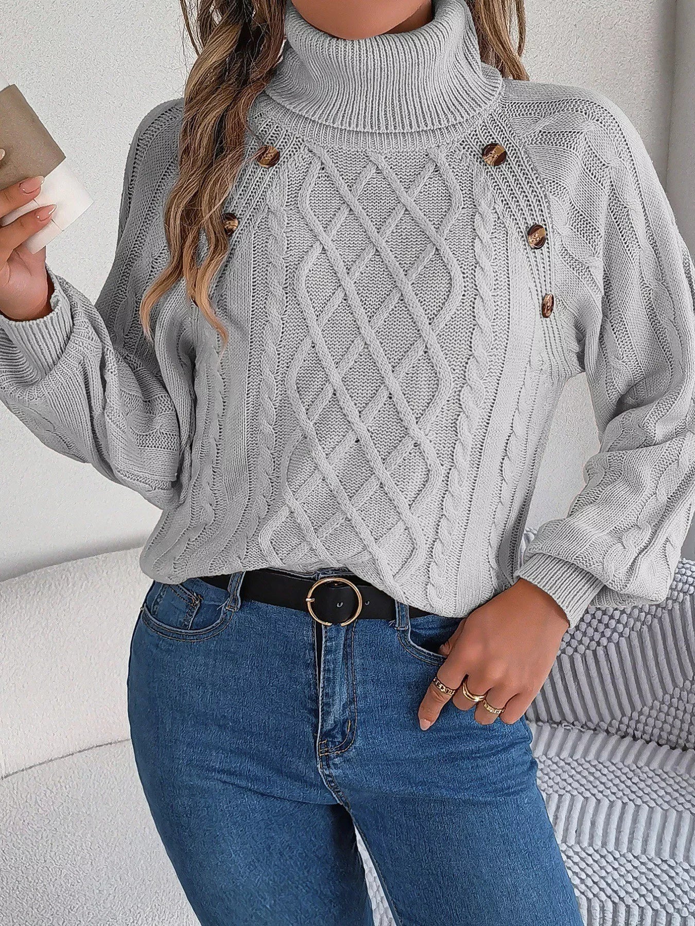 Cable Knit Turtleneck Long Sleeve Sweater 