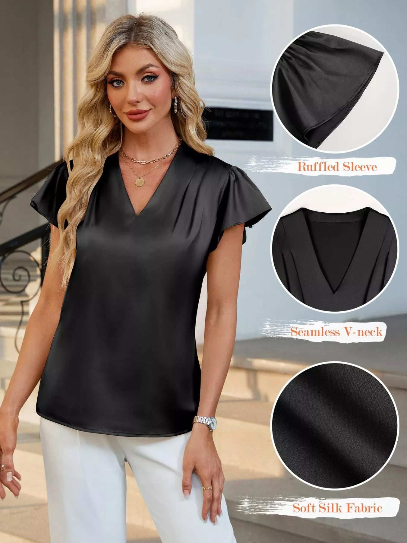Satin V-Neck Flutter Sleeve Blouse 