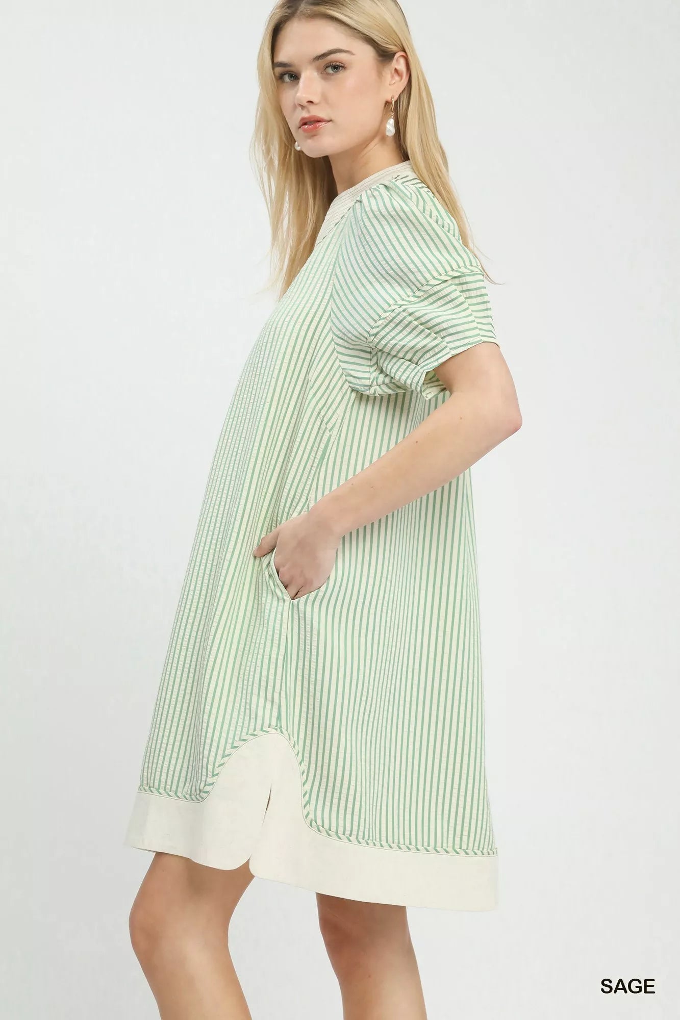 Umgee Pinstripe Shift Dress with Contrast Trim 