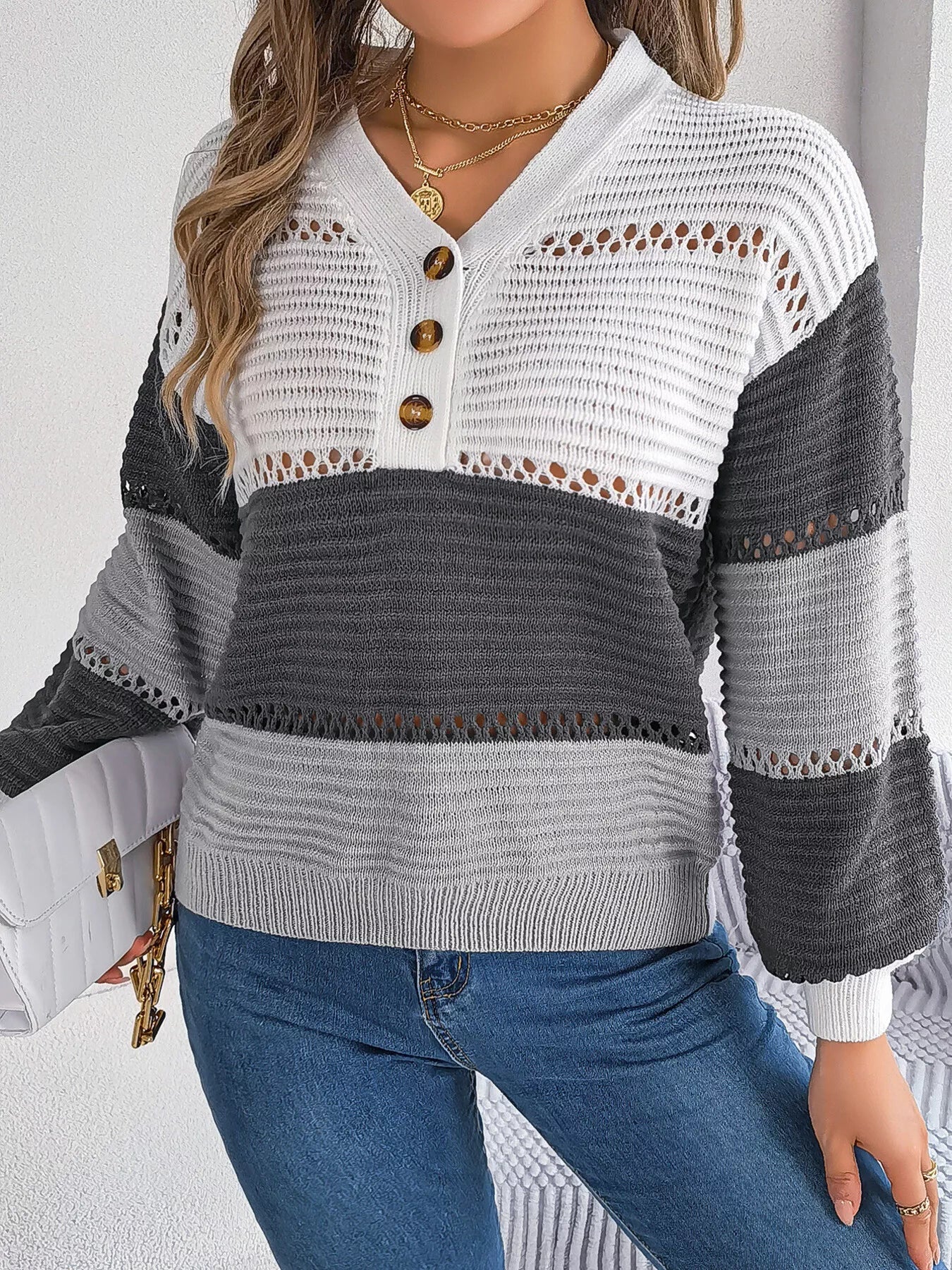 Color Block Striped V-Neck Button Detail Sweater 