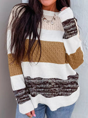Mixed Texture Knit Striped Color Block Loose Sweater 