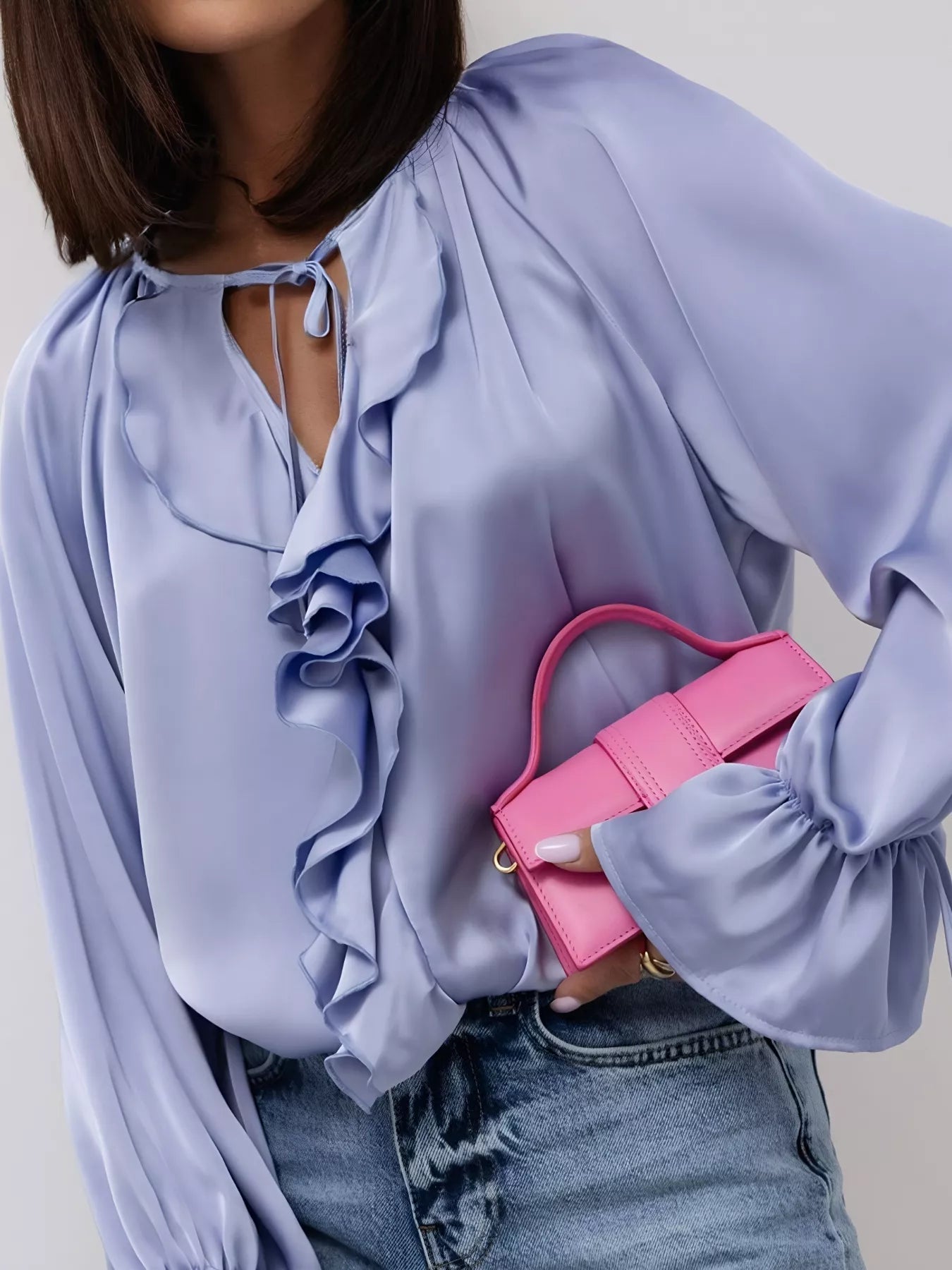 Ruffle Trim Satin Flounce Sleeve Blouse 