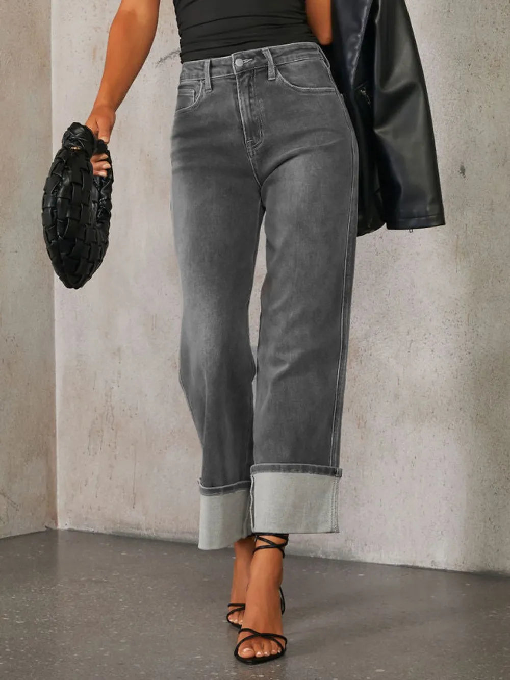 High Waisted Straight Leg Rolled Jeans 