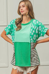BiBi Leopard and Stripe Color Block Top With Exposed Seam 