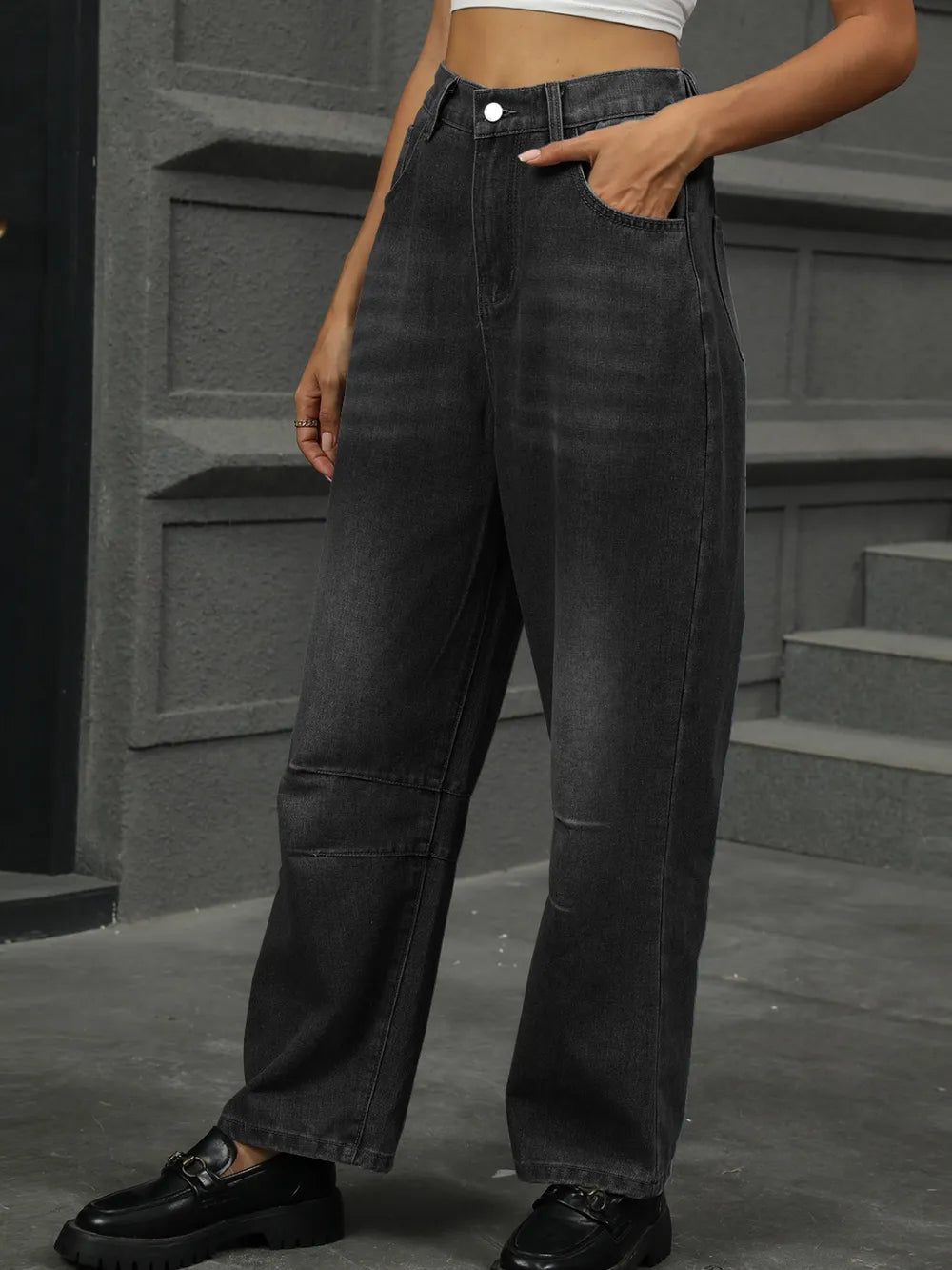 Half Elastic Waist Straight Leg Jeans 