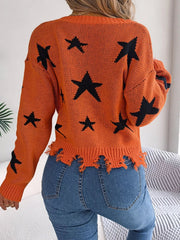 Star Pattern V-Neck Distressed Sweater 