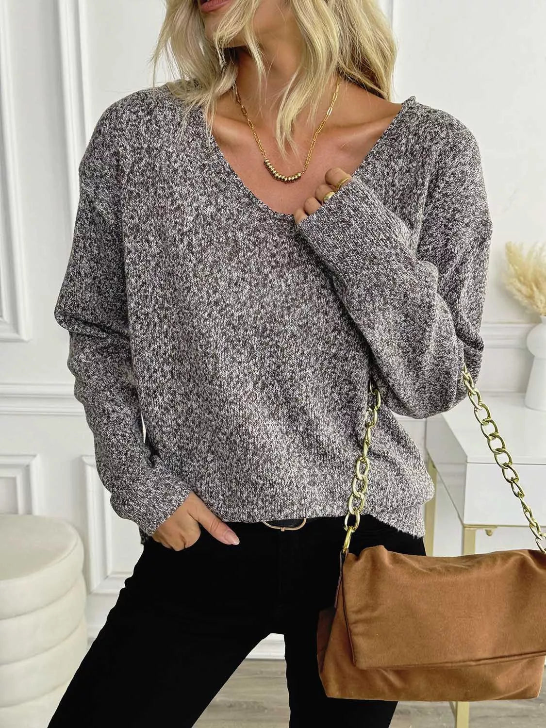 Casual V-Neck Drop Shoulder Sweater 