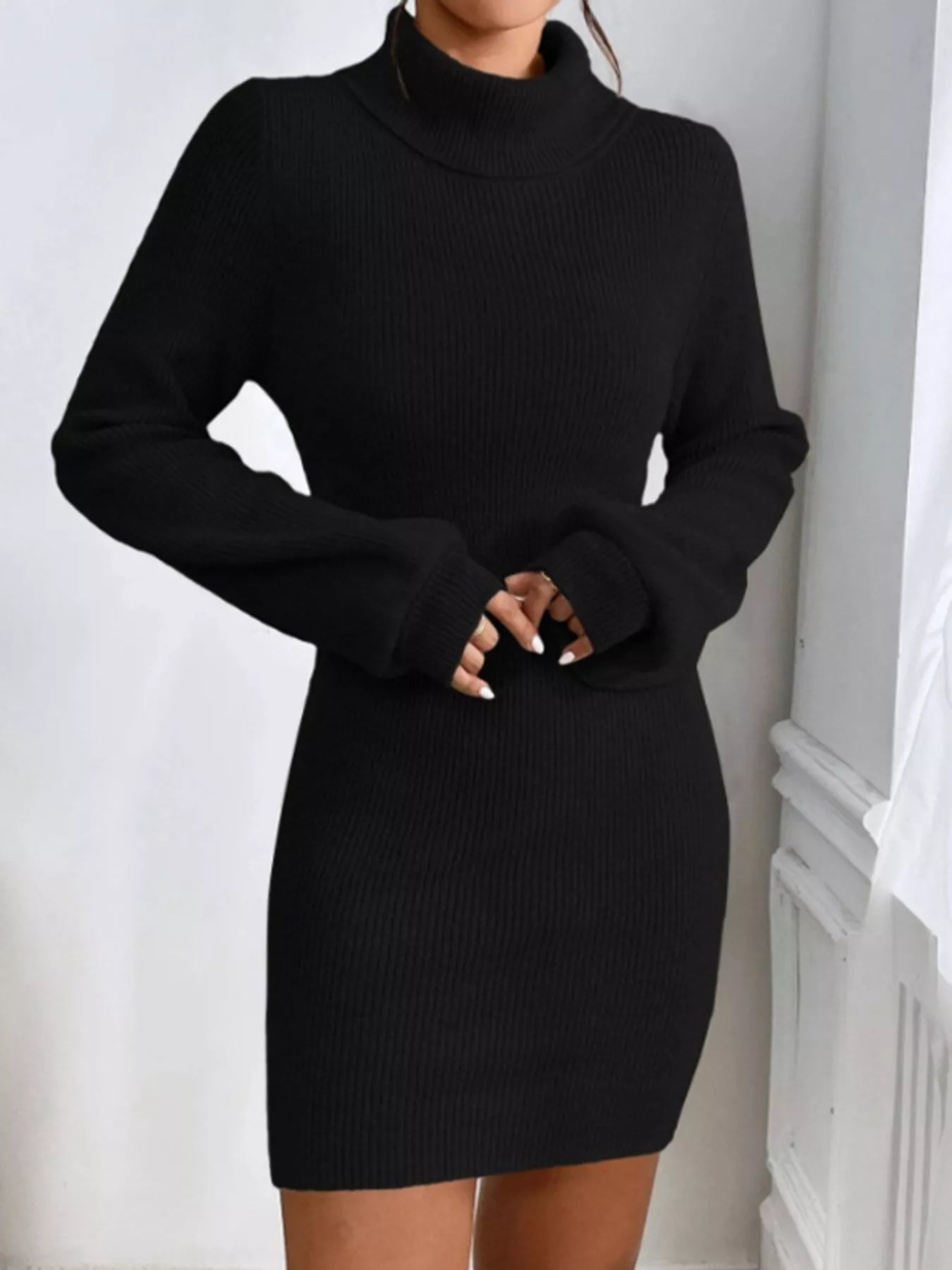 Turtleneck Ribbed Knit Sweater Dress 