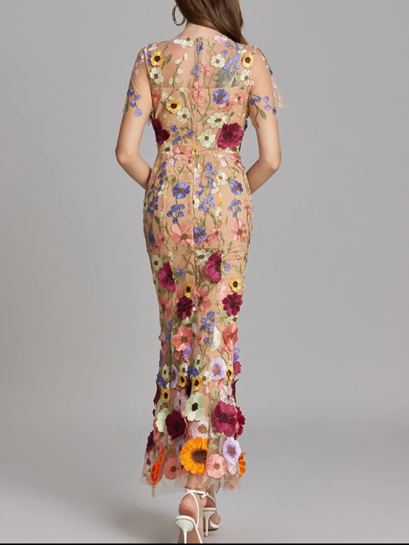 Floral Embroidered Mesh Overlay Maxi Dress 
