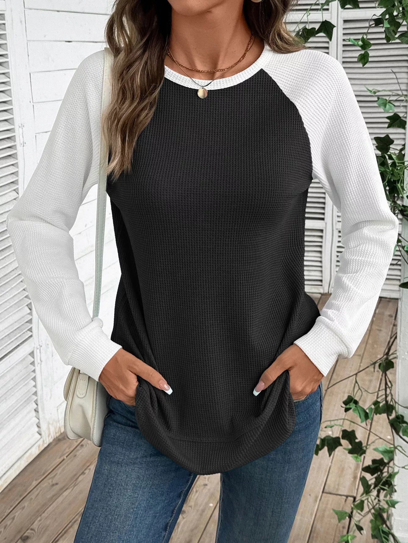 Contrast Raglan Sleeve Waffle Knit T-Shirt 