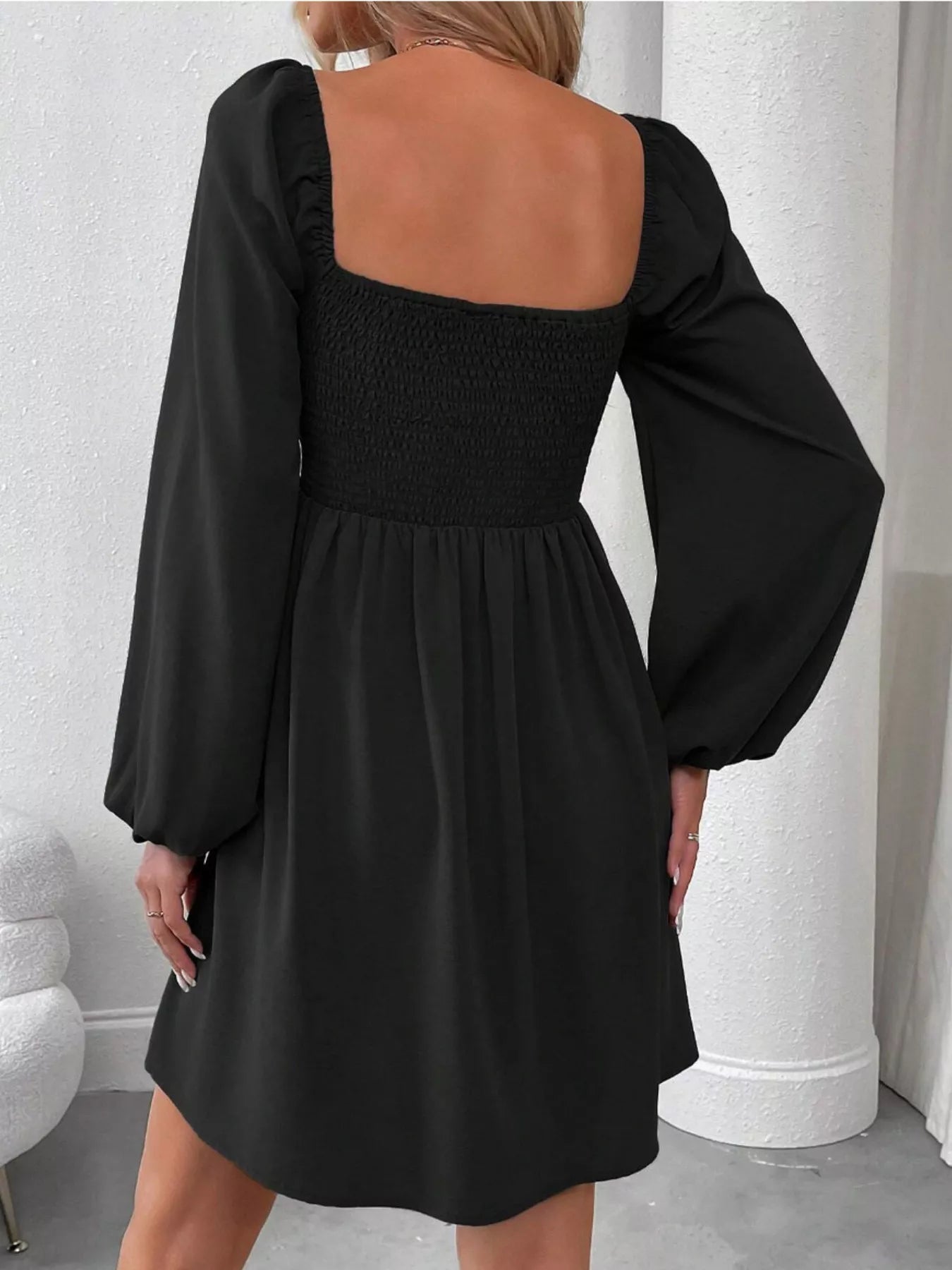Ruched Square Neck Long Sleeve A-Line Dress 