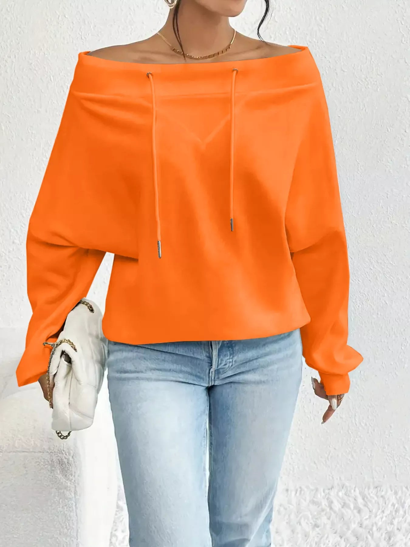 Full Size Off-Shoulder Drawstring Long Sleeve Top Plus Size 