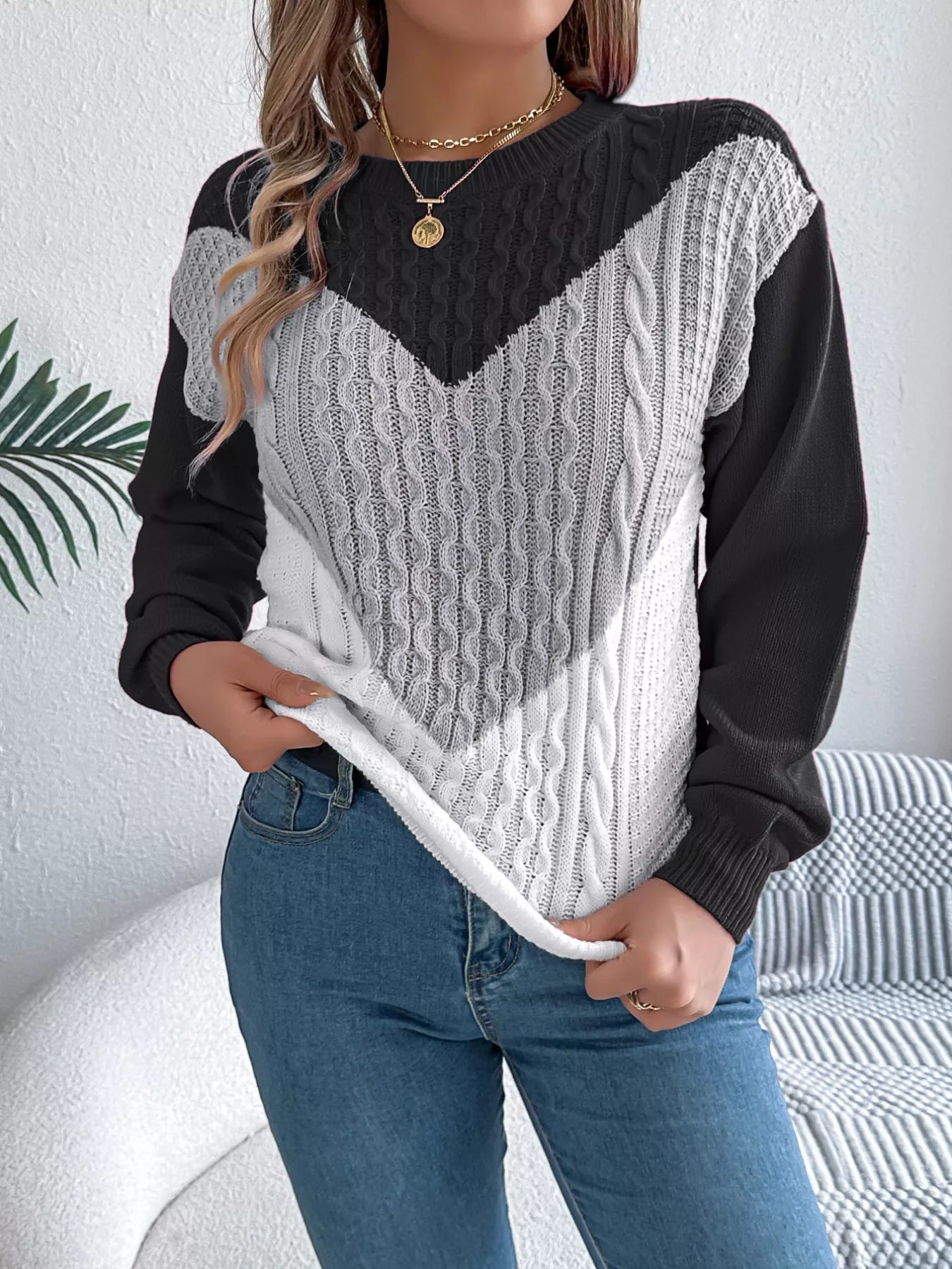 Color Block Cable Knit Sweater 