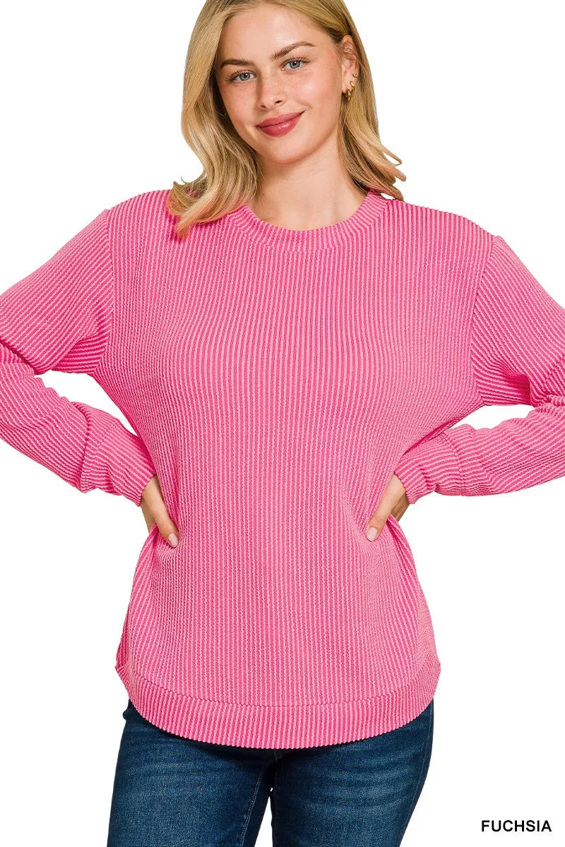 Zenana Full Size Raised Rib Round Neck Long Sleeve Top Plus Size 