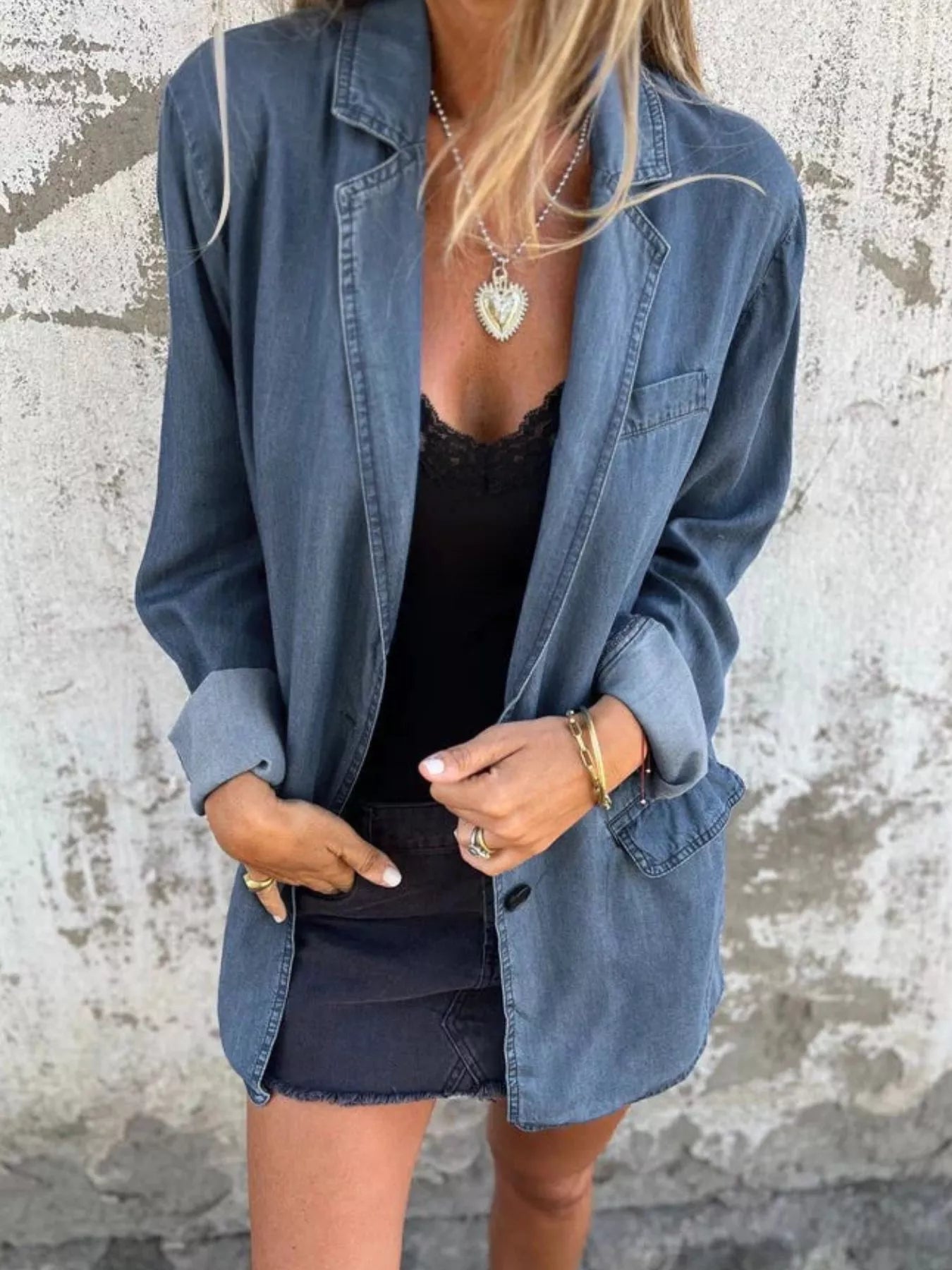 Full Size Button Down Denim Blazer Plus Size 