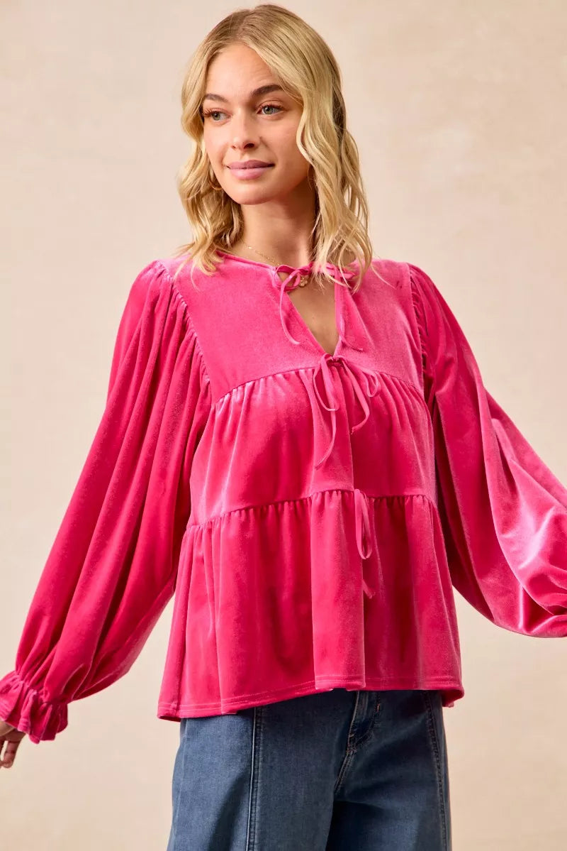BiBi Christmas Theme Velvet Bow Tied Blouse 