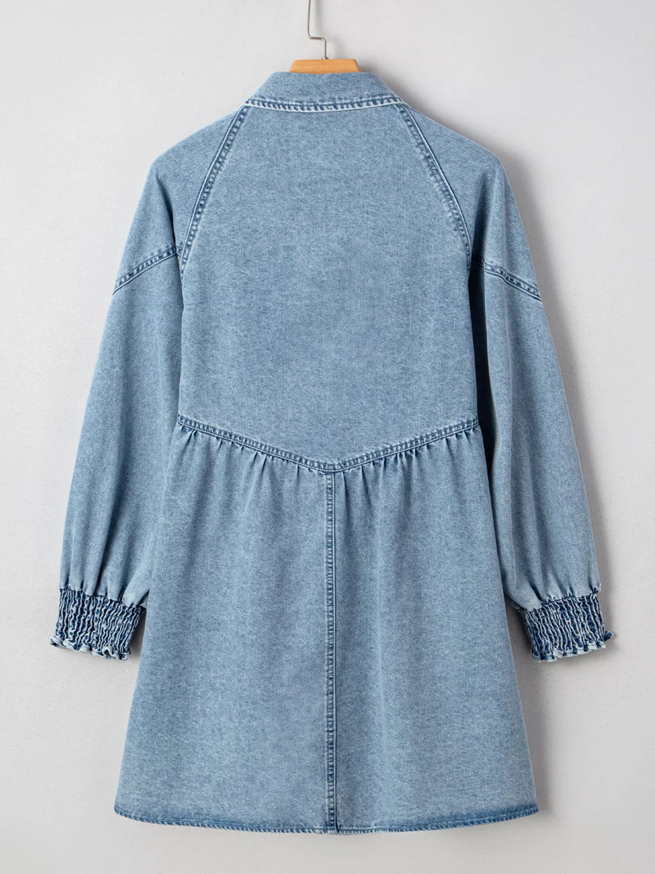 Smocked Cuffs Flared Denim Shirt Mini Dress 