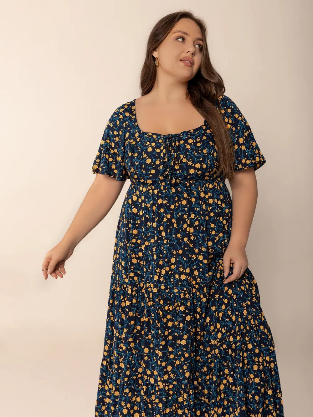 Plus Size Printed Short Sleeve Slit Tiered Maxi Dress 