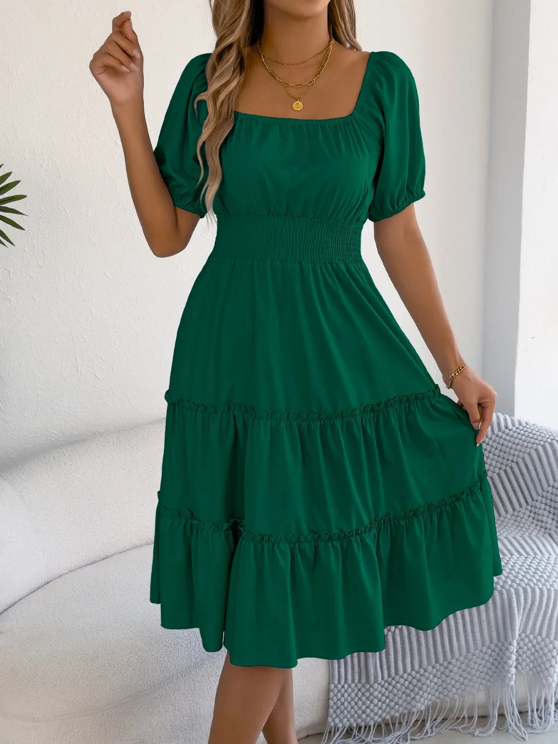 Square Neck Short Puff Sleeve Dress 