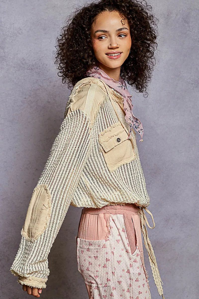 POL Texture Woven Button Down Hooded Shirt with Drawstring Hem 
