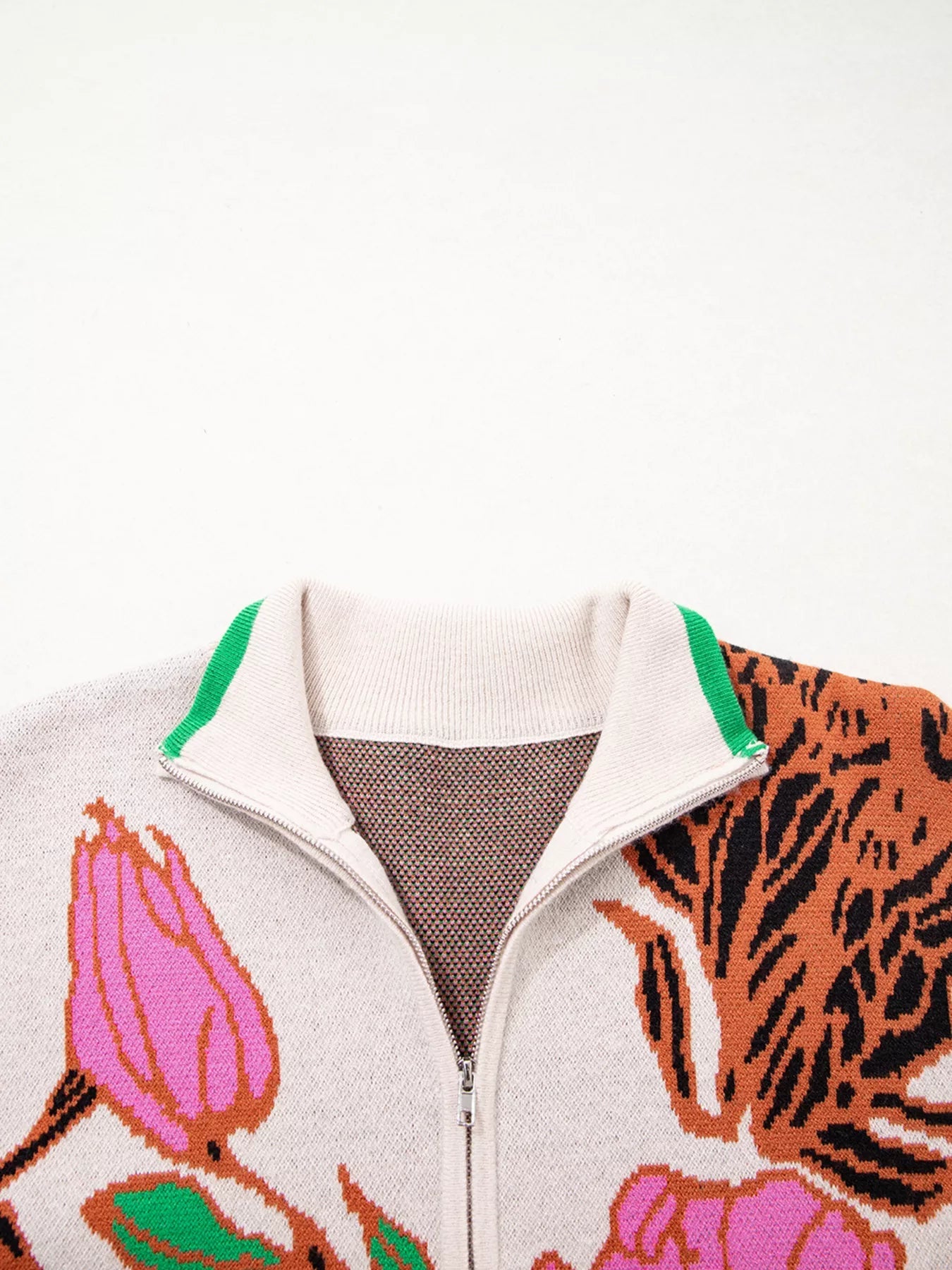 Floral Pattern Knit Quarter Zip Stand Neck Sweater 