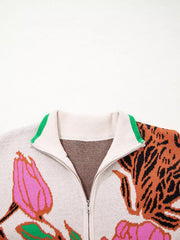Floral Pattern Knit Quarter Zip Stand Neck Sweater 
