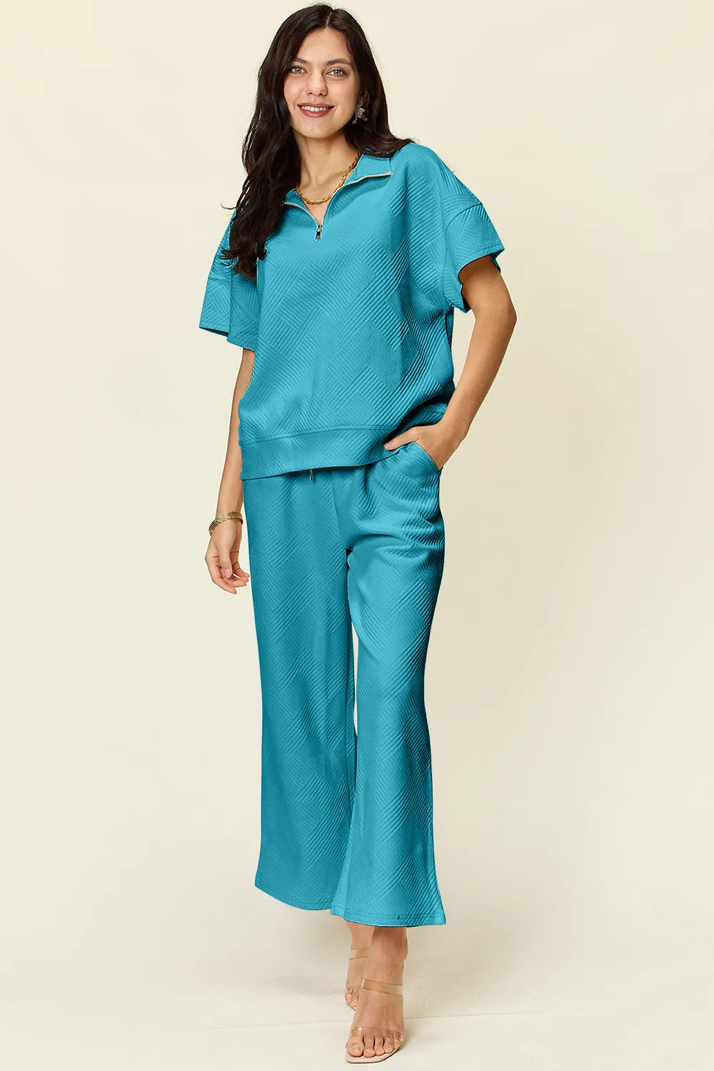 Double Take Full Size Texture Half Zip Short Sleeve Top and Pants Set 