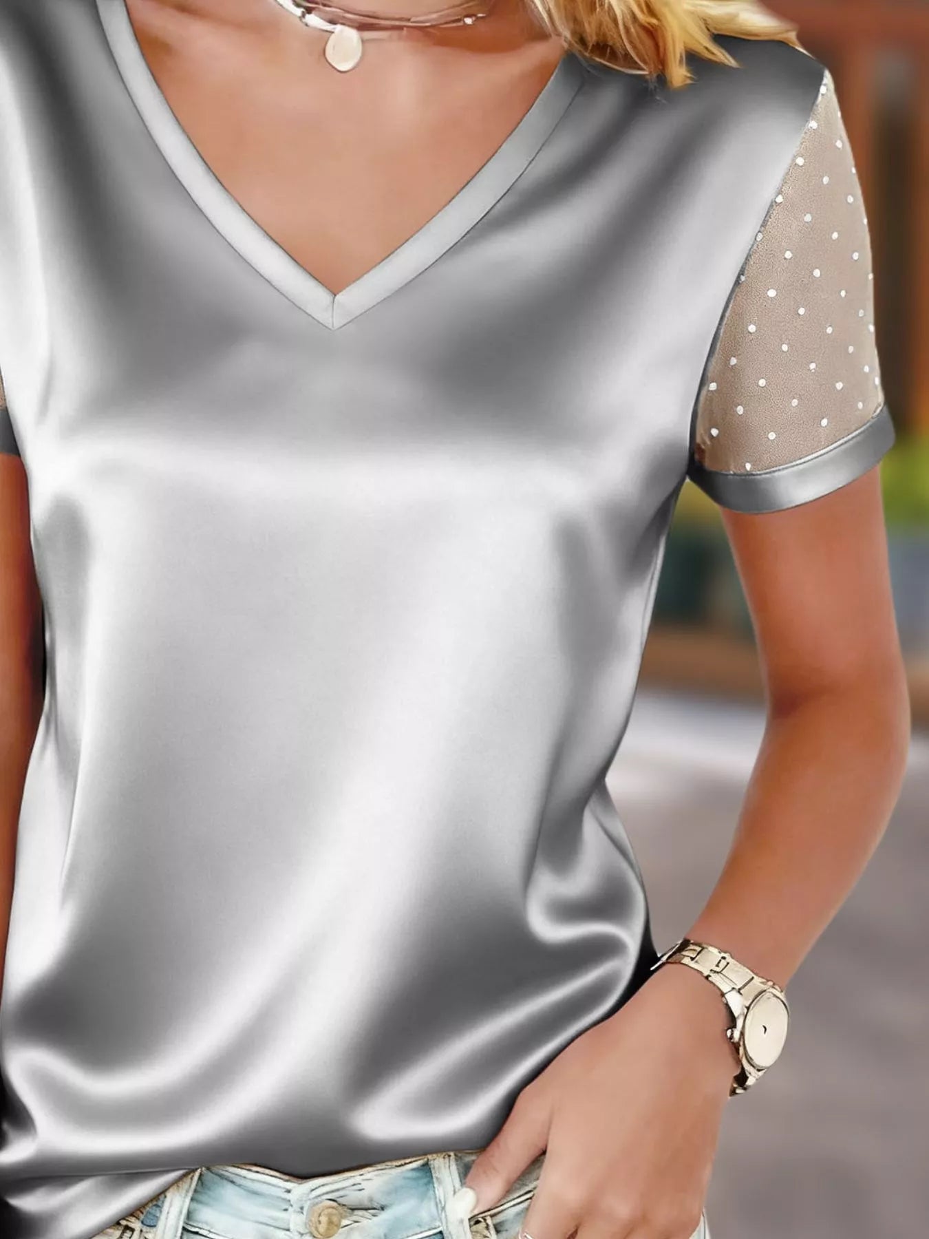 Sheer Sleeve V-Neck Top 