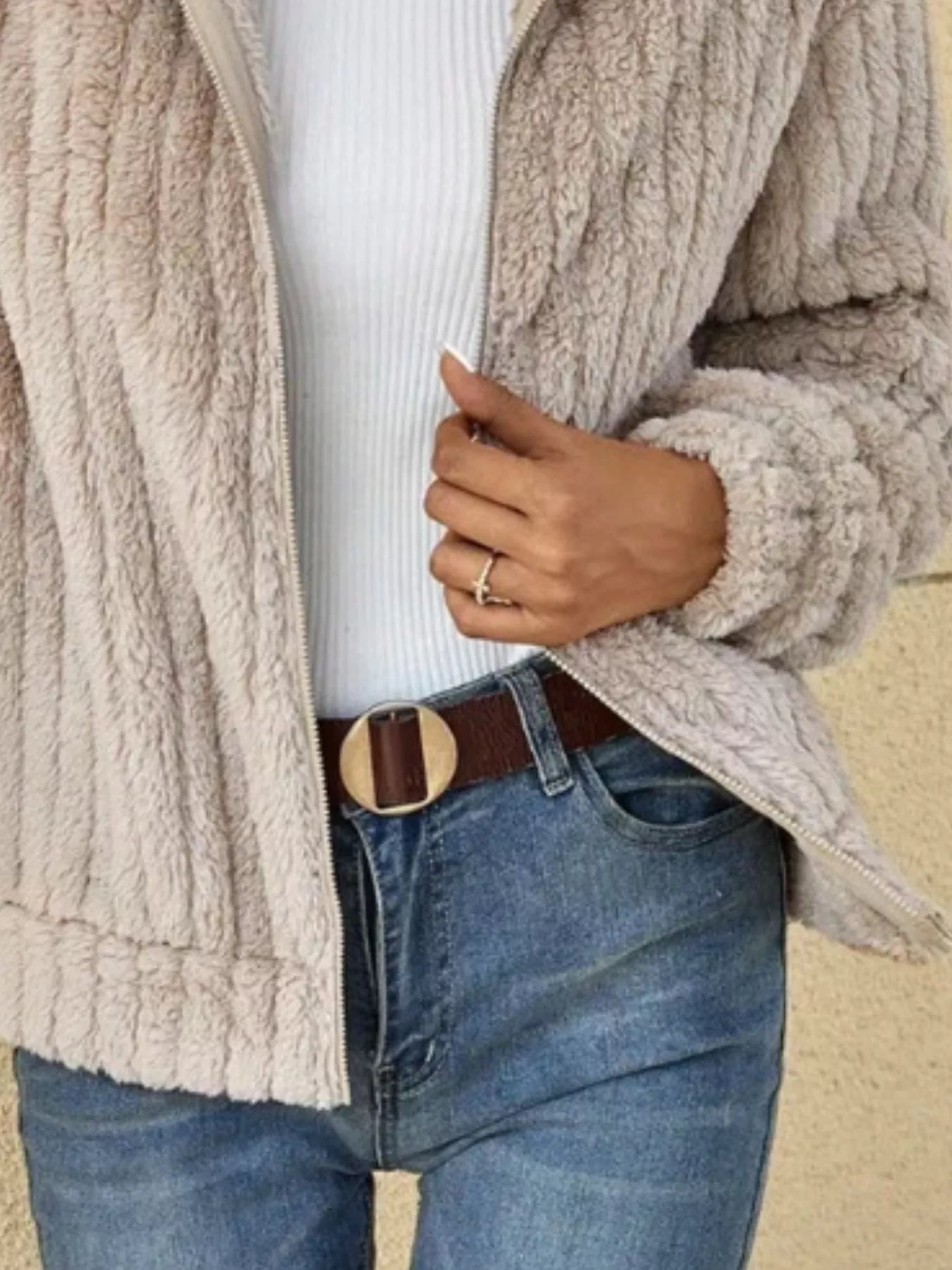 Full Size Zip-Up Long Sleeve Texture Jacket Plus Size 