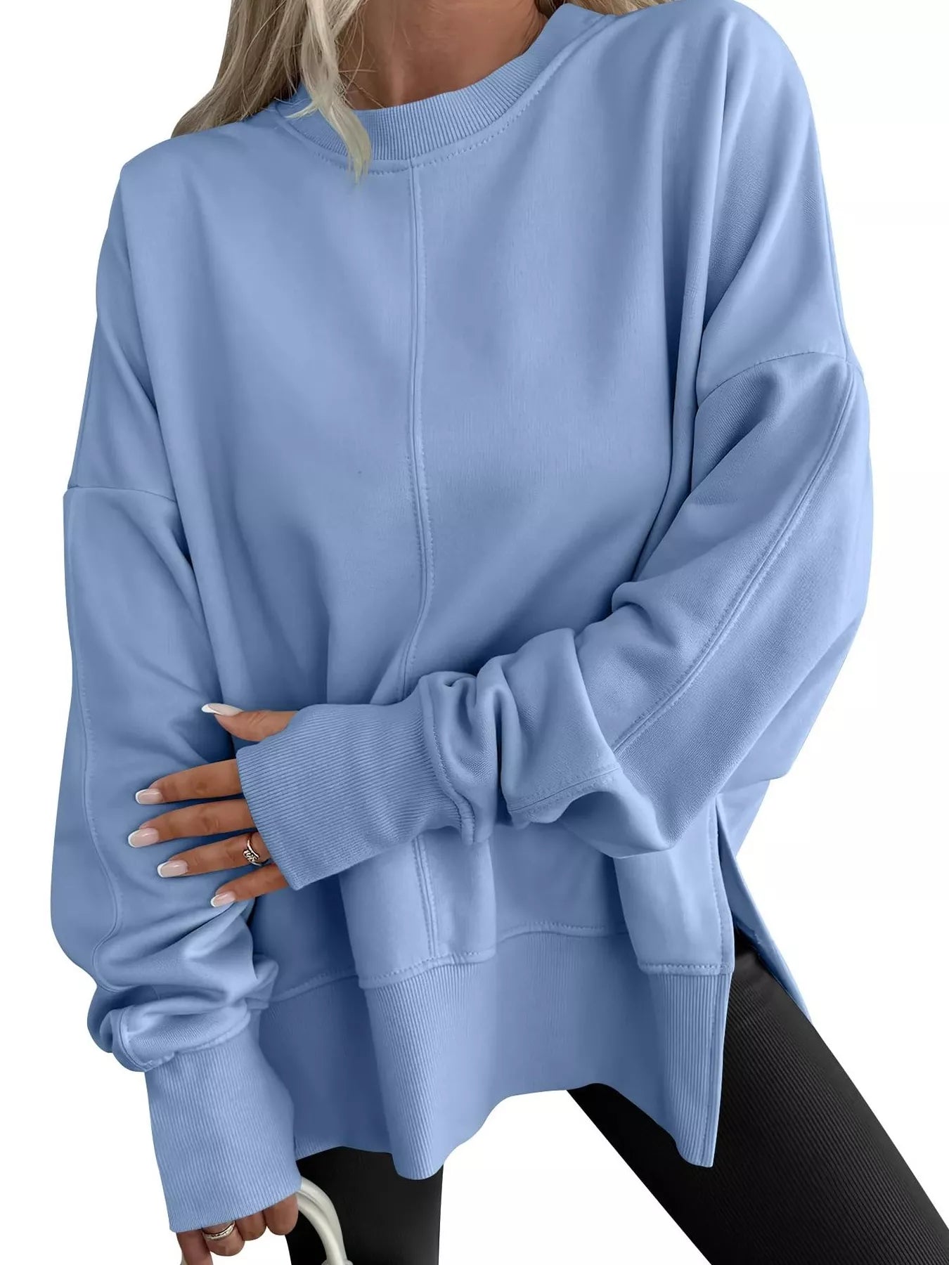 Side Slit Round Neck Long Sleeve Sweatshirt 