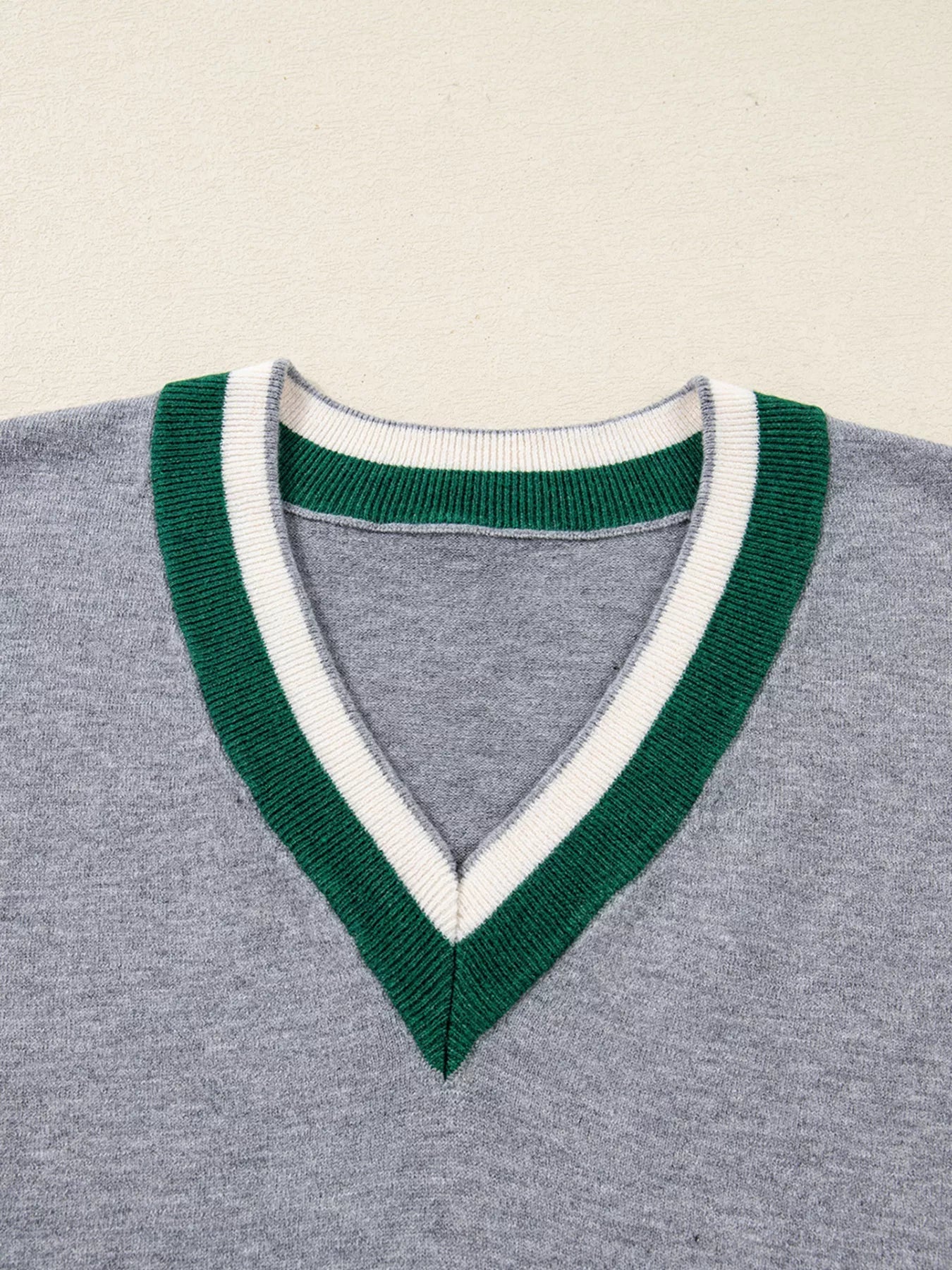 Contrast Striped Trim V Neck Varsity Sweater 