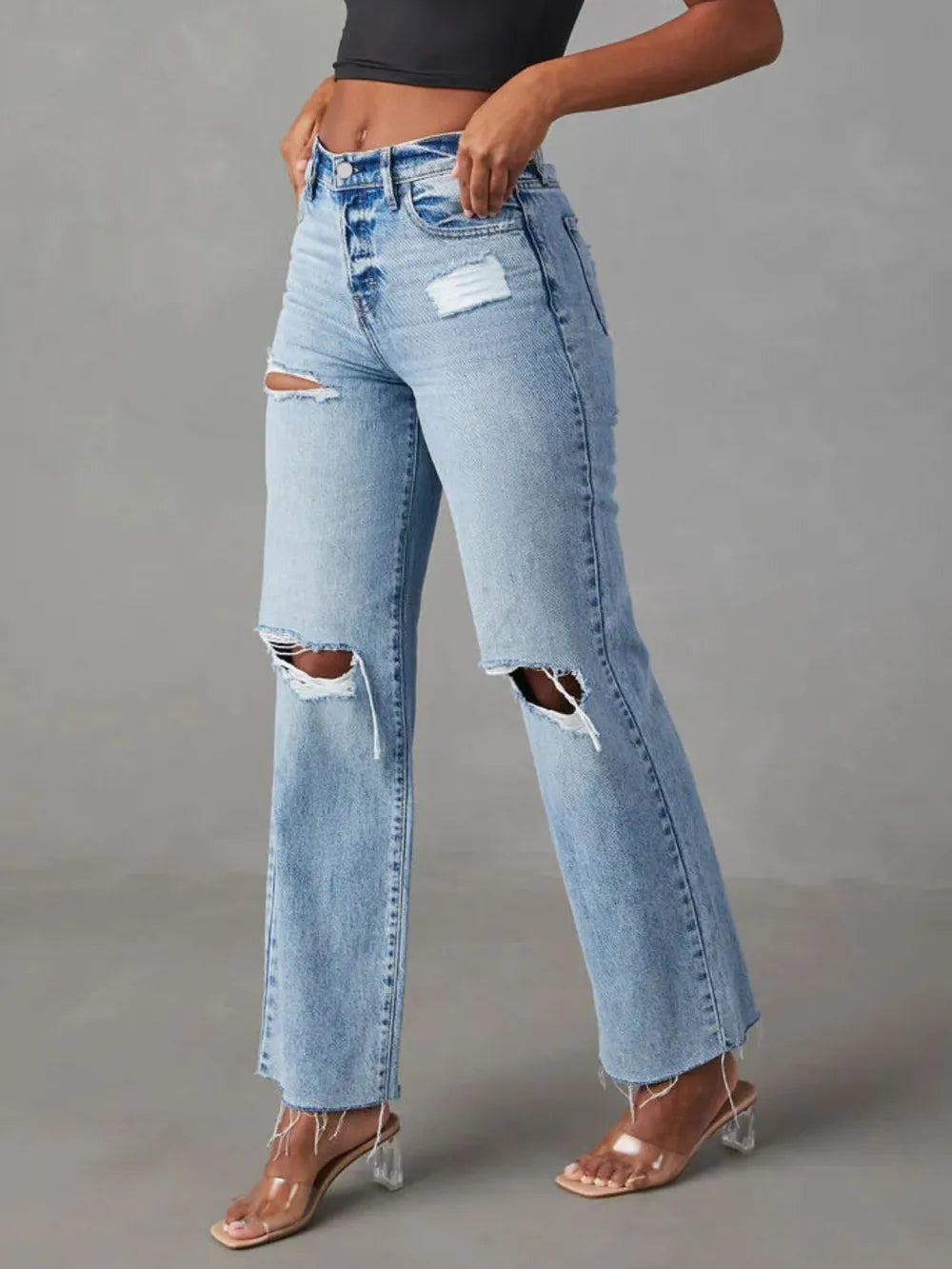 Distressed Straight Leg Jeans with Pockets 