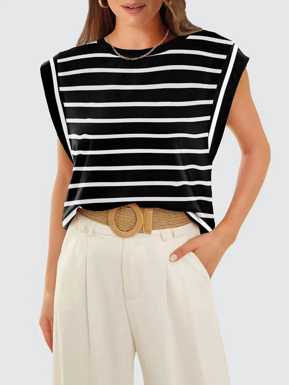Striped Round Neck Cap Sleeve T-Shirt 